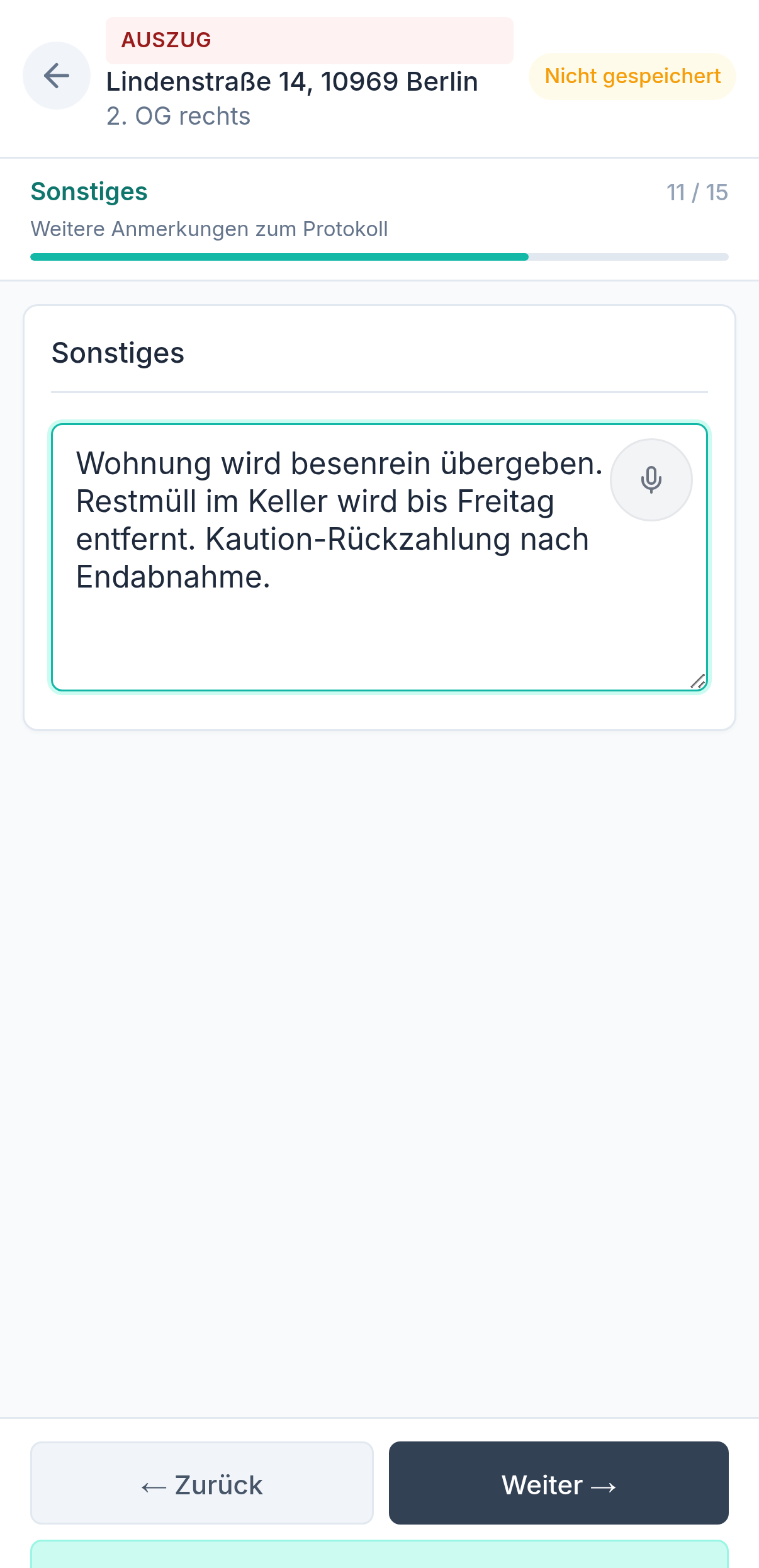 Protocasa App — Sonstiges-Bereich mit Spracheingabe starten Mikrofon-Button