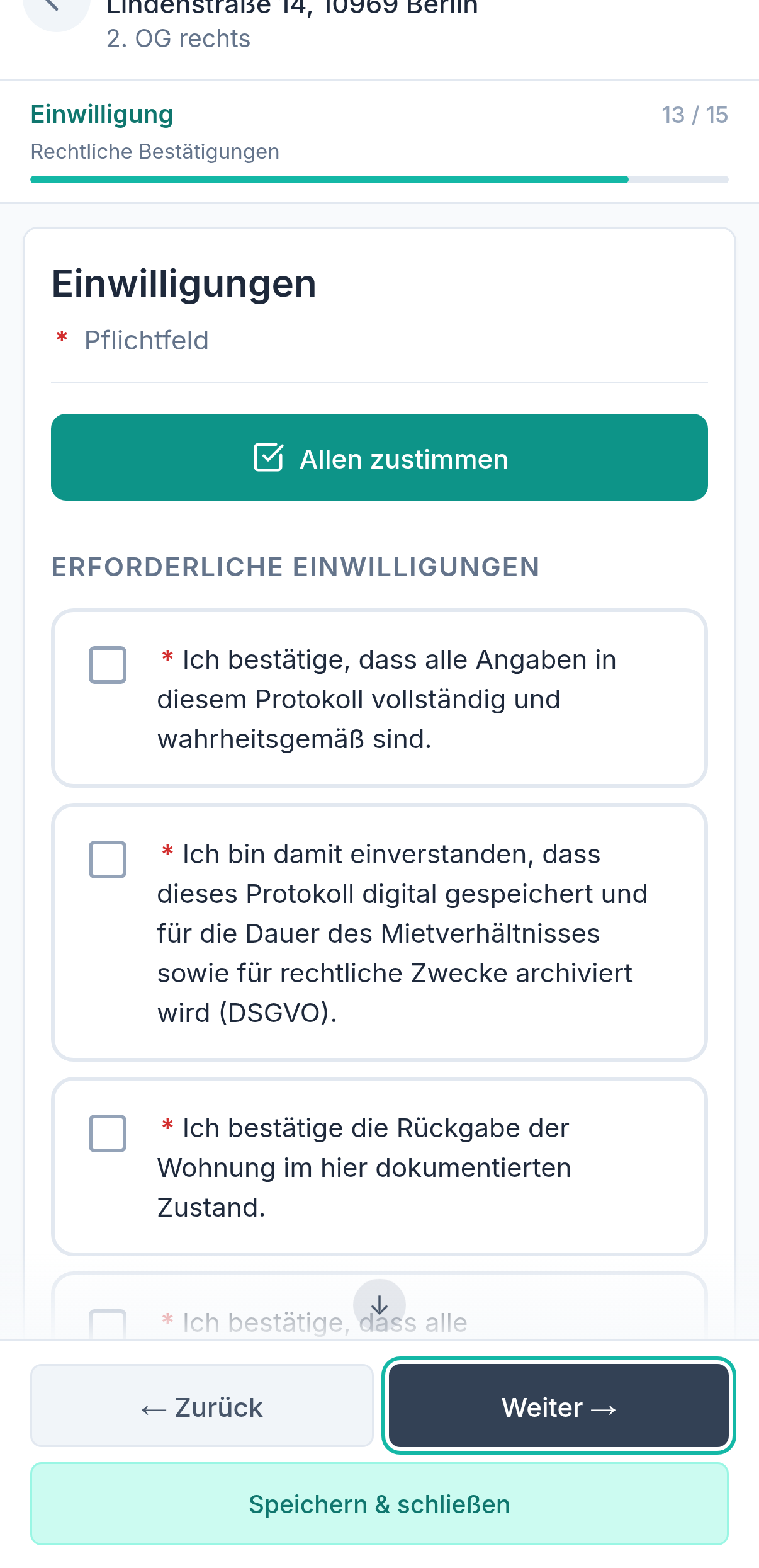 Protocasa App — DSGVO-Einwilligungen mit Pflicht- und optionalen Angaben