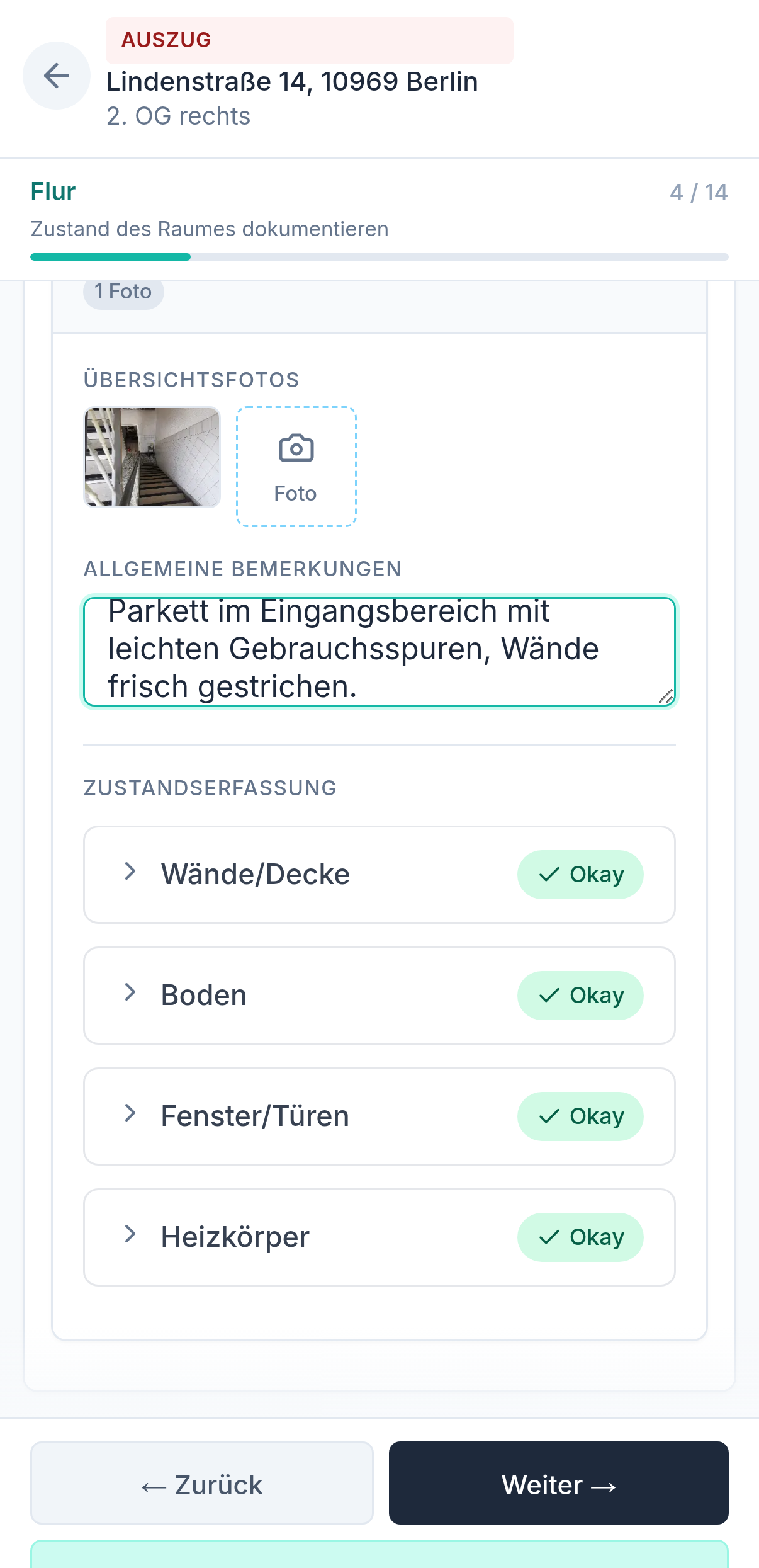 Protocasa App — einen Raum mit Foto dokumentieren, Zustand erfassen