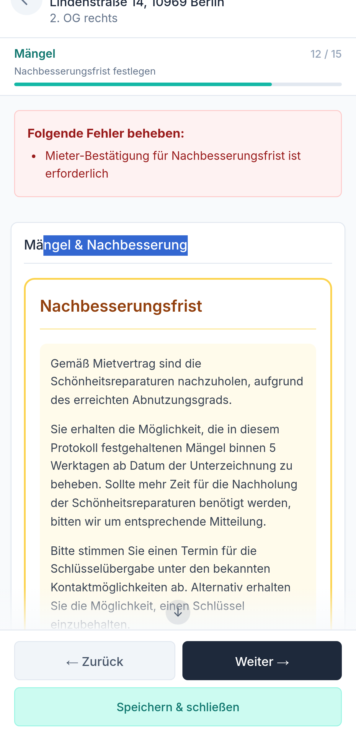 Protocasa App — Mängel & Nachbesserung mit Fristsetzung und rechtlicher Belehrung
