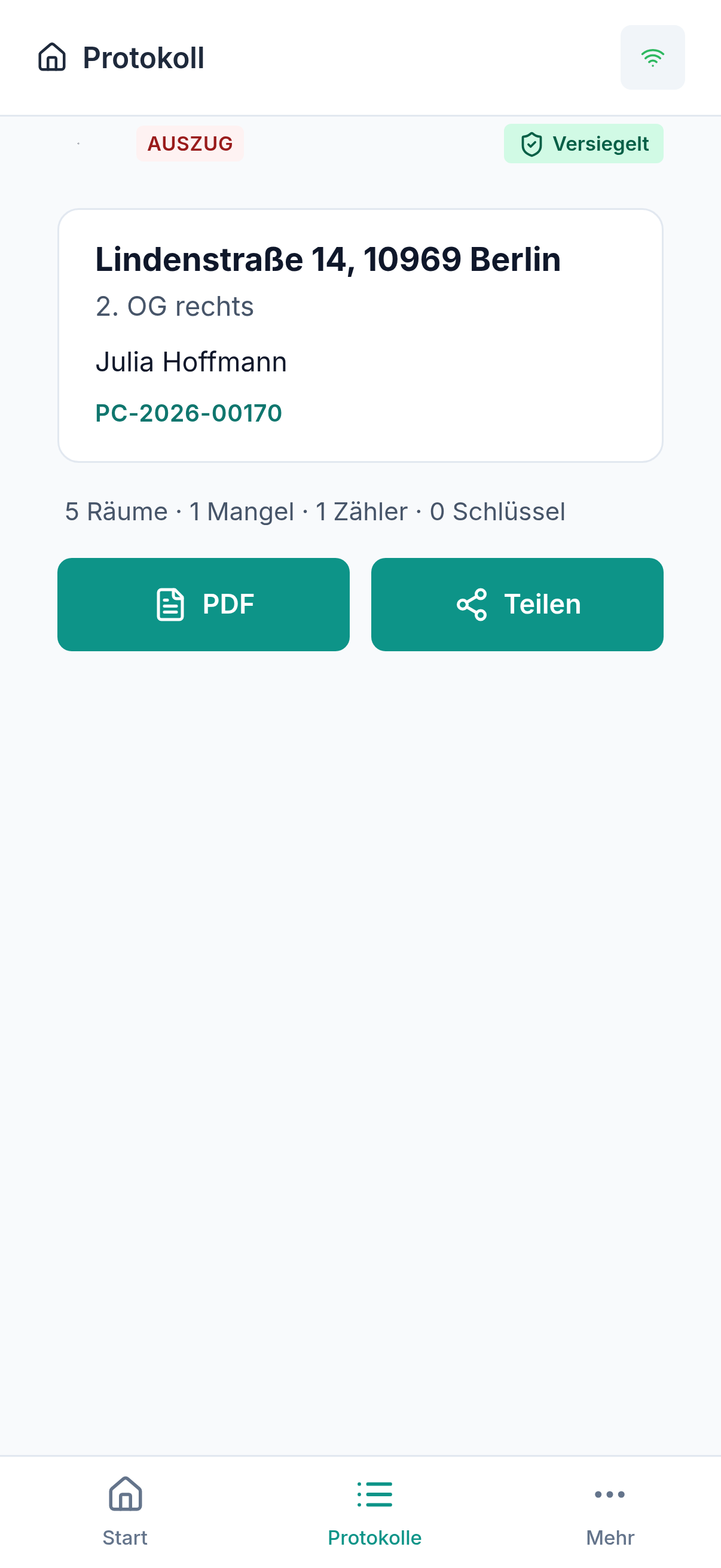 Protocasa App — versiegeltes Protokoll nach Unterschrift mit Siegel-Badge