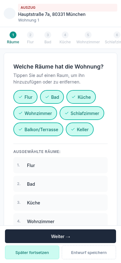 Protocasa App — Raumauswahl für Übergabeprotokoll